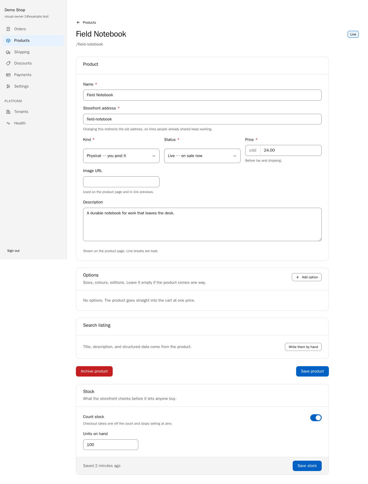 A product being edited, with its name, web address, price, and description, beside links to orders, shipping, discounts, and payments.